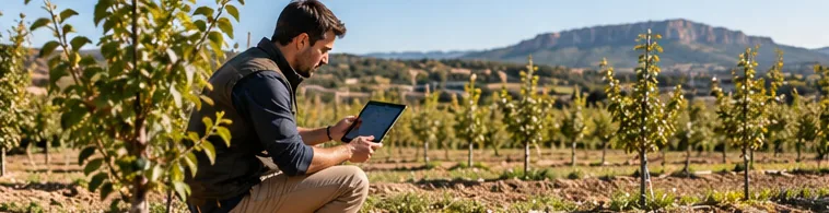 Agricultor consultant una tauleta en una plantació jove