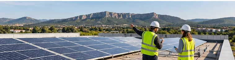 Tècnics revisant una instal·lació solar en una coberta industrial