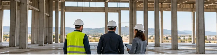 Tècnics amb casc revisant una nau industrial en construcció