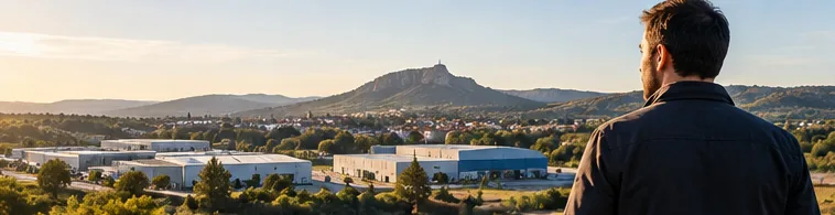 Home mirant un polígon industrial amb les muntanyes al fons