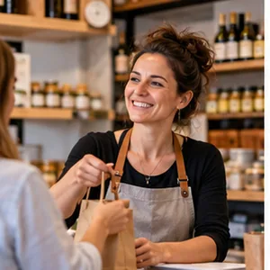 Botiguera atenent una clienta en una botiga de productes locals