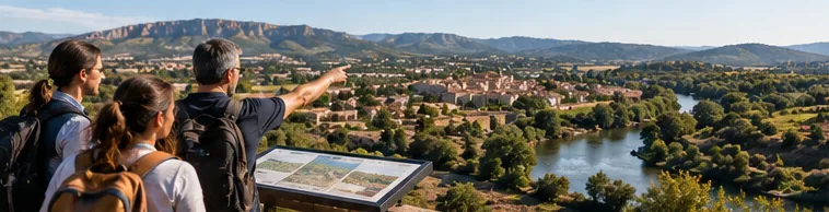 Grup de persones mirant un poble al costat del riu des d'un mirador
