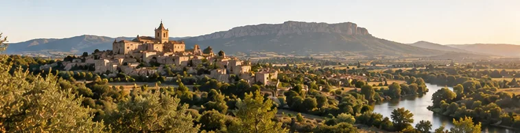Poble del territori al costat del riu, amb la serra al fons