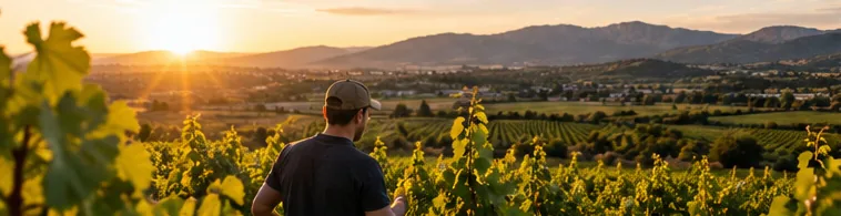 Viticultor mirant les vinyes a la posta de sol